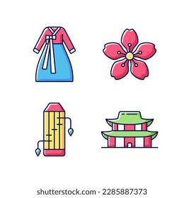 Korean ethnic symbols RGB color icons set. Hanbok clothes. Cherry blossom. Gayageum musical instrument. Gyeongbok palace. Korean culture. Traditional symbols of Korea. Isolated vector illustrations