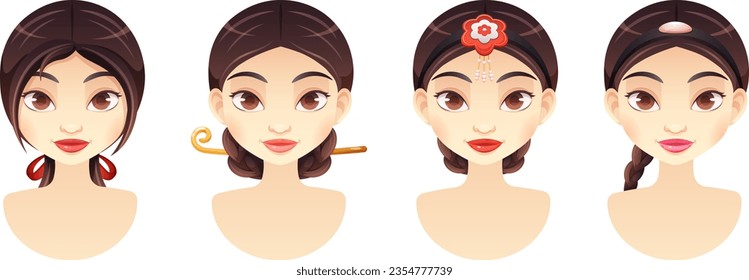 Korean face with traditional hairstyles, head with hairstyle on transparent background. Doll face, cartoon style. Garish bright vector