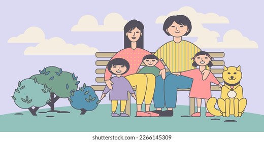 Korean family sitting on bench with dog in park. Happy Asian family mother, father, children. Motherhood and fatherhood. Man, woman, boy, girl rest on holiday. Cartoon character vector illustration.