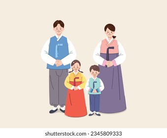 Korean family standing together wearing traditional hanbok.