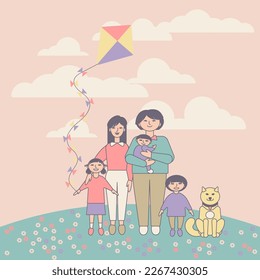 Korean family walking in park with dog and kit. Happy Asian family mother, father, children. Motherhood and fatherhood. Man, woman, boy, girl rest on holiday. Cartoon character vector illustration.