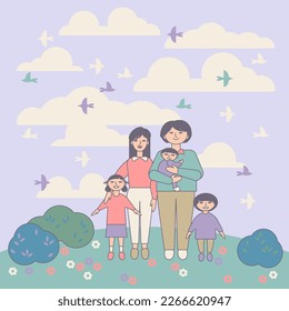 Korean family walking in park nature. Happy Asian family mother, father, children. Motherhood and fatherhood. Man, woman, boy, girl rest on holiday. Cartoon character vector illustration. Clouds birds