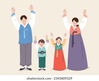 Koreanische Familie mit traditionellem Handschuh und Heben beider Hände.