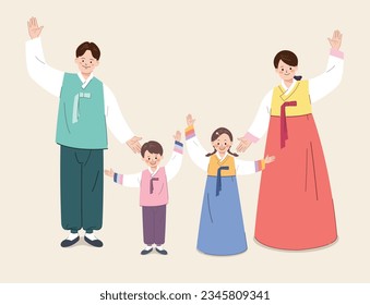 Familia coreana con hanbok tradicional y levantando una mano.