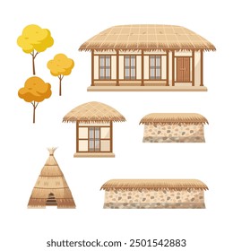 Korean farm house set.Traditional thatched house collection. House, storage, kimchi hut, stone fence and tree.