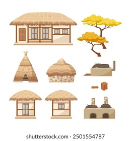 Korean farm house (Korean traditional thatched house) set. House, storage, kimchi hut, traditional stove, cauldron, wood log, and trees.