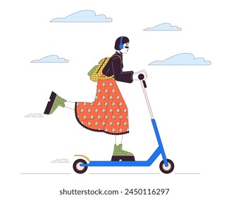 Korean fashionable woman riding electric scooter line cartoon flat illustration. Asian female on e-scooter 2D lineart character isolated on white background. Urban mobility scene vector color image