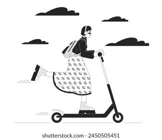 Korean fashionable woman riding electric scooter black and white cartoon flat illustration. Asian female e-scooter 2D lineart character isolated. Urban mobility monochrome scene vector outline image