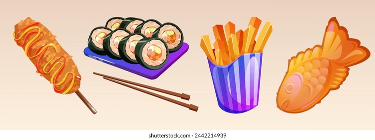 Korean fast food and asian meal cartoon illustration. Thai restaurant plate and snack menu dish isolated fried set. Corn dog tempura for lunch or sushi japanese cuisine design. Delicious Asia