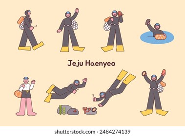 Korean female divers are collecting shells and seafood from the sea. Jeju Island female diver character set.