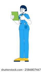 Korean female nurse in blue scrubs holding clipboard and pen 2D cartoon character. Healthcare worker reviewing patient chart isolated person flat vector on white background. Spot illustration colorful