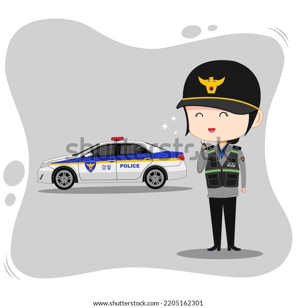 Korean female police officer on\
duty cartoon vector. Translation on car and vest \