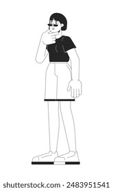 Korean female stroking chin black and white 2D line cartoon character. Pensive young adult woman isolated vector outline person. Thoughtful. Thinking pondering monochromatic flat spot illustration