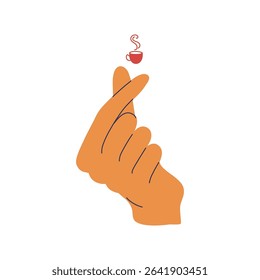 Korean finger gesture of love with cup of coffee for coffee lovers. Hand and hot drink. Concept for coffee shop or cafe decoration. Hand drawn flat design vector illustration.