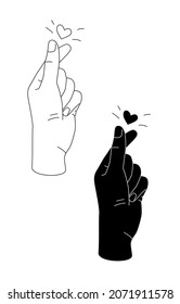 Korean finger heart gesture vector illustration. Love you gesture. Sketch drawing in linear and black style. Romantic expression, easy snap human fingers clicking.