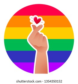 Korean Finger Heart Icon. LGBTQ+ related symbol in rainbow colors. Gay Pride. Raibow Community Pride Month. Love, Freedom, Support, Peace Symbol. Flat Vector Design Isolated on White Background