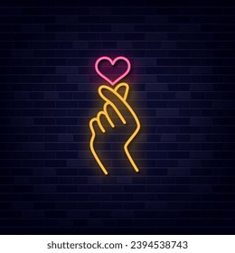 Korean Finger Heart Neon Sign Vector, Neon Sign Symbol, Light banner, Light art