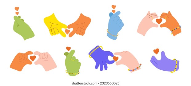 Korean finger heart sign set. Expressions love to you, message of love hand gestureFinger with mini heart and respect symbol. I like you, self. "Finger Heart" gesture. Love composition. 