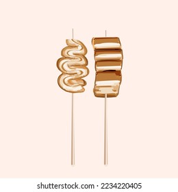 Korean fish cake skewers. Vector illustrations set. Korean street food. Illustration for restaurant menu. Side view. Vector illustration.