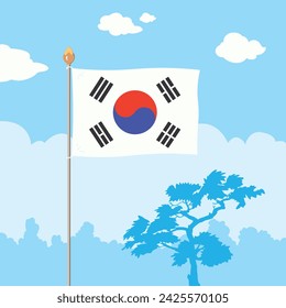 The Korean flag fluttering in the blue sky and pine trees