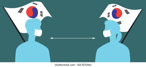 Korean flag, people wearing face masks. Silhouette vector stock illustration. Medical masks for covid. People in South Korea and social distance. Silhouettes of the Koreans. Isolated illustration