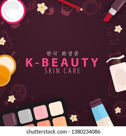 Korean flat cosmetics. K-Beauty banner with hand draw doodle background. Skincare and Makeup. Translation - Korean Cosmetics. Vector Illustration