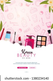 Korean flat cosmetics. K-Beauty banner with hand draw doodle background. Skincare and Makeup. Translation - Korean Cosmetics. Vector Illustration