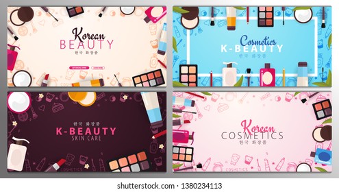 Korean flat cosmetics. Set of K-Beauty banners with hand draw doodle backgrounds. Skincare and Makeup. Translation - Korean Cosmetics. Vector Illustration