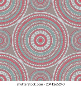 Korean folk motifs seamless pattern. Round medallion mandala geometric tiles. Textile print template. Retro fashion pattern. Floral geometric circular seamless ornament.