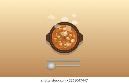 korean food bean paste soup, doenjang soup, stew jjigae illustration vector