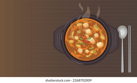 korean food bean paste soup, doenjang soup, stew jjigae illustration vector