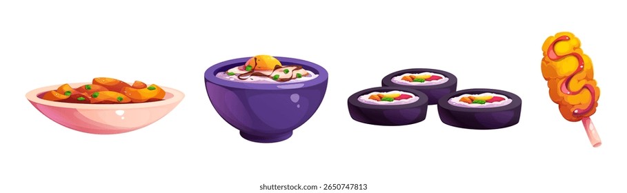 Korean food cartoon set - bowl with spicy tteokbokki, dish of noodles topped with egg, sushi rolls and twisted corn dog on stick. Colorful Asian cuisine illustrations for menu design or mobile games.