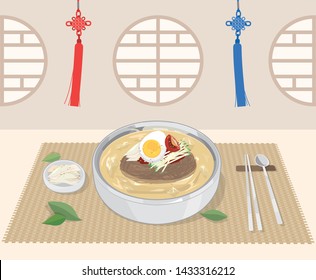 Korean food cold noodles (naengmyeon). Vector illustration EPS10