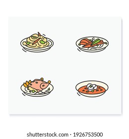 Korean food color icons. Set of traditional korean dishes .Eastern meal, meat, vegetables and sauces. Asian food and korean cuisine concept. Isolated vector illustrations