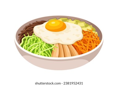 Korean food concept. Fried egg with salad. Traditional asian eating. Cafe and restaurant menu, catering. Sticker for social networks. Cartoon flat vector illustration isolated on white background