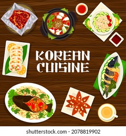 koreanische Küche, Menüauswahl im Restaurant, traditionelle asiatische Gerichte, Vektorgrafik. koreanische Küche Mittag- und Abendessen und Teller auf dem Tisch, gebratener Makrele und Kamelsalat mit Cookies und Rindersuppe