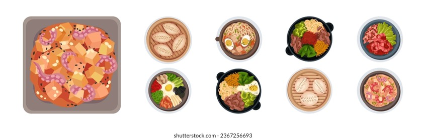 Korean Food and Dish Served on Plate Above View Vector Set