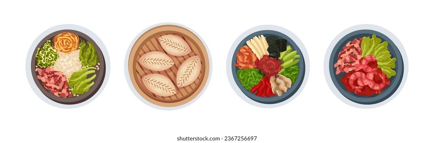 Korean Food and Dish Served on Plate Above View Vector Set