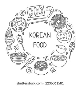 Korean food doodle set. Asian cuisine. Bibimbap, mandu, ramyeon in sketch style. Hand drawn vector illustration isolated on white background