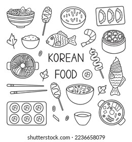 Korean food doodle set. Asian cuisine. Bibimbap, mandu, ramyeon in sketch style. Hand drawn vector illustration isolated on white background