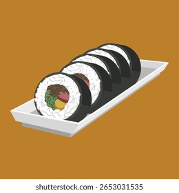 Ilustração de vetor plano de comida coreana. Kimbap com salsicha, espinafre, carne e recheio de ovos.