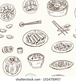 Korean food hand drawn doodle seamless pattern. Vector illustration. Isolated elements on white background. Symbol collection.