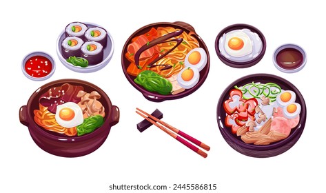 Icono de la comida coreana con bibimbap e ilustración asiática de la comida de arroz. Plato de cocina china de fideos para teokbokki o delicioso juego de cocina aislado gimbap. Rollo de sushi de lujo con salsa y palo para el almuerzo