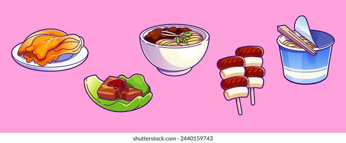 Ilustración del icono de la comida coreana. Comida coreana con arroz y fideos vectoriales. Kimchi, bulgogi y gimbap cocina asiática en tazón conjunto de dibujo aislado para anuncios de restaurantes. Refrigerio callejero tradicional cocinado