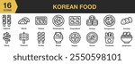 Korean Food icon set. Includes mando, bulgogi, sundae, tteokkochi, odeng, kimchi, kimbap, and More. Outline icons vector collection.