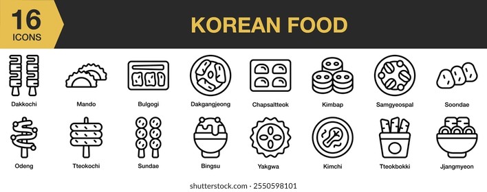 Conjunto de ícone de comida coreana. Inclui mando, bulgogi, sundae, tteokkochi, odeng, kimchi, kimbap e muito mais. Contornar coleção de vetores de ícones.