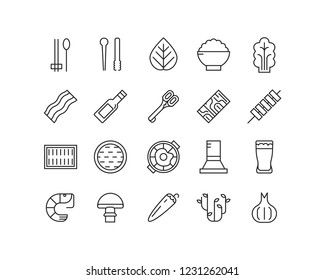 Korean food icons.
Korean BBQ equipment and food: meat, kimchi, rice.