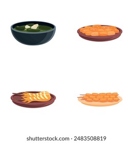 Korean food icons set cartoon vector. Classic spicy korean cuisine. Asian meal