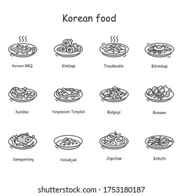 Korean food icons. Set of traditional korean dishes. Eastern meal, meat, vegetables and sauces. Asian food and korean cuisine concept. Thin line vector illustration.Editable stroke