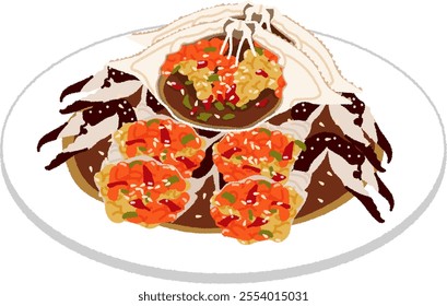 Korean food illustration. Ganjang Gejang is a traditional Korean dish that is prepared by marinating blue crab in a soy sauce-based sauce and aging it.